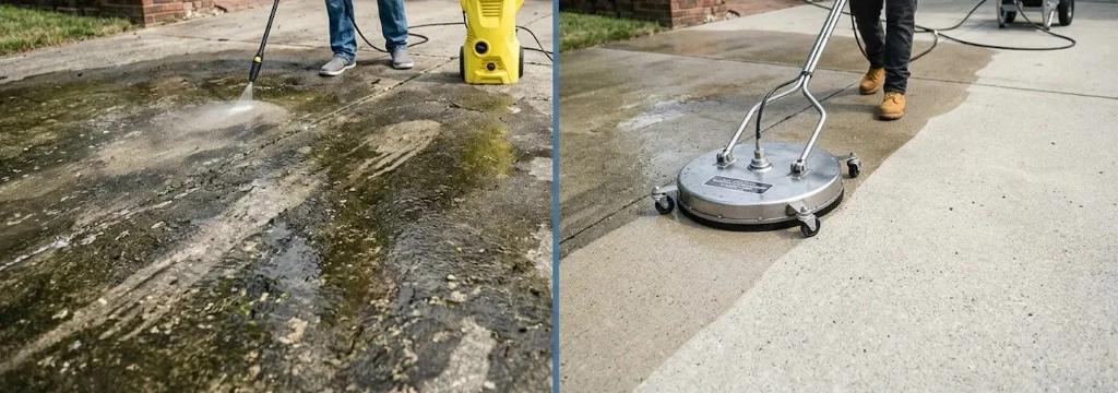 Split comparison of DIY pressure washer versus professional surface cleaner on concrete