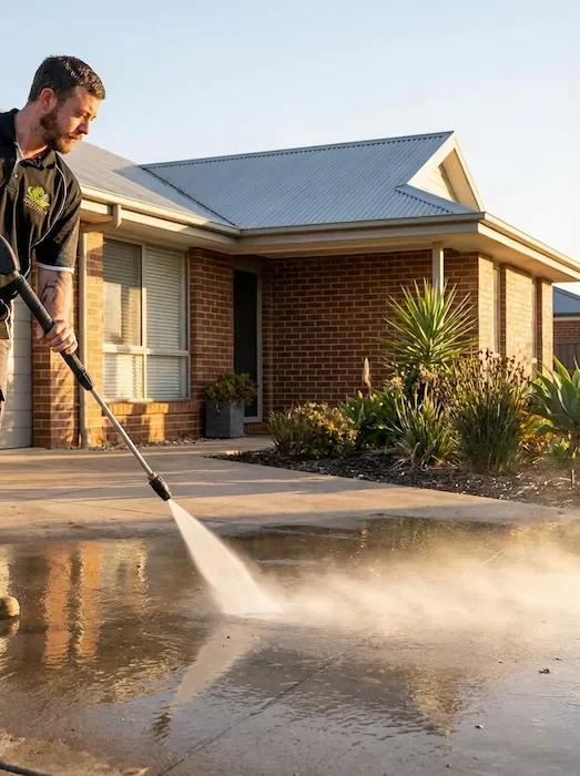 Professional pressure washing a driveway at a suburban home